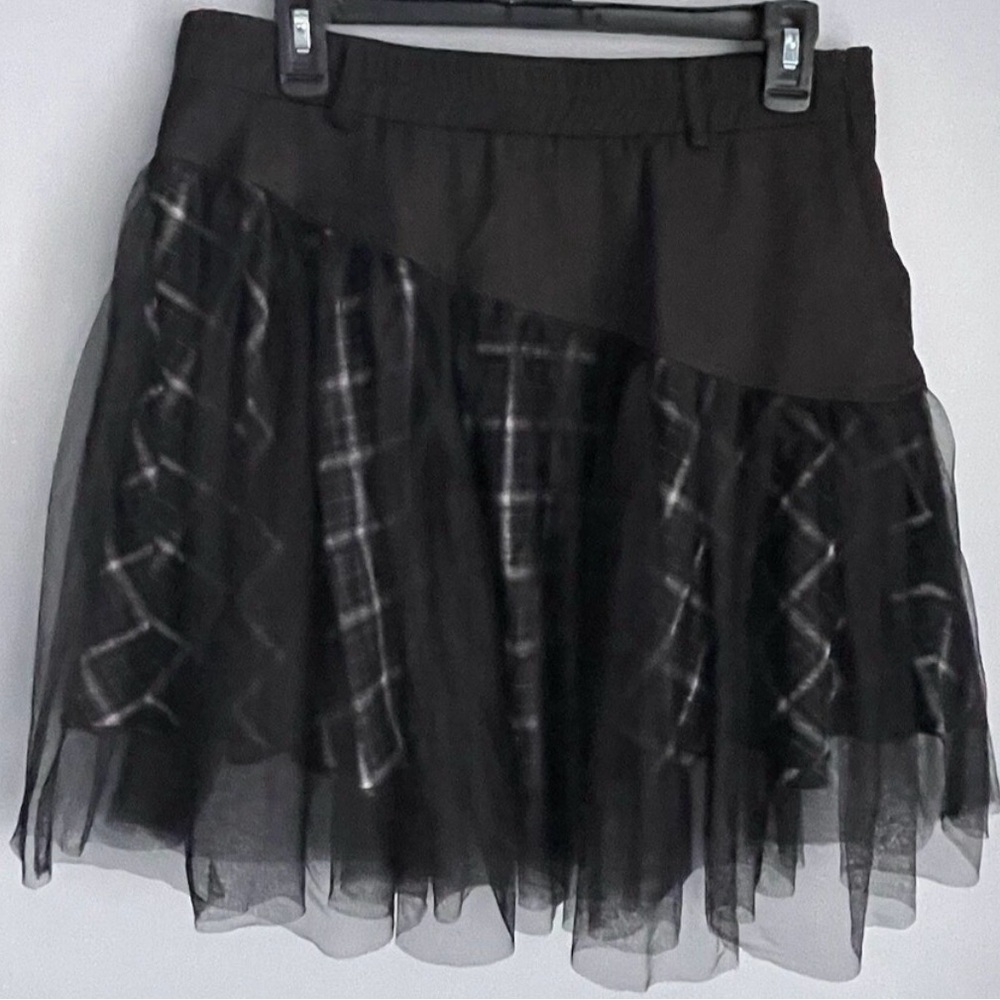 Goth Plaid Skirt Size XL Black w/ Tulle Mesh & Part Elastic Waist Rave Festival - Picture 3 of 7